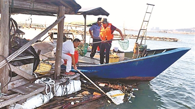 福鼎市點頭鎮(zhèn)的志愿者到八尺門內(nèi)灣海域開展海漂垃圾清理整治行動