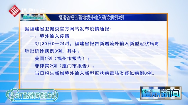 【每日疫情】福建省報告新增境外輸入確診病例3例