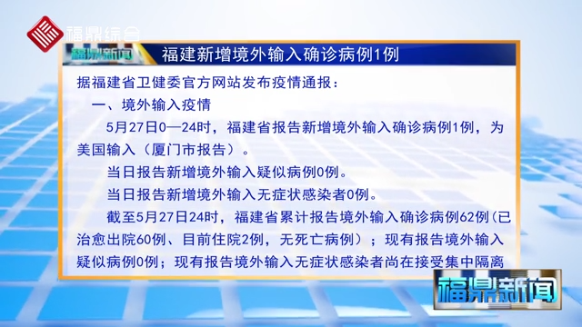 27日福建新增境外輸入確診病例1例