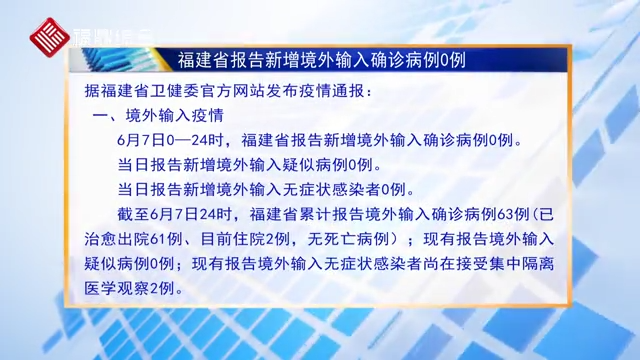 福建省報(bào)告新增境外輸入確診病例0例